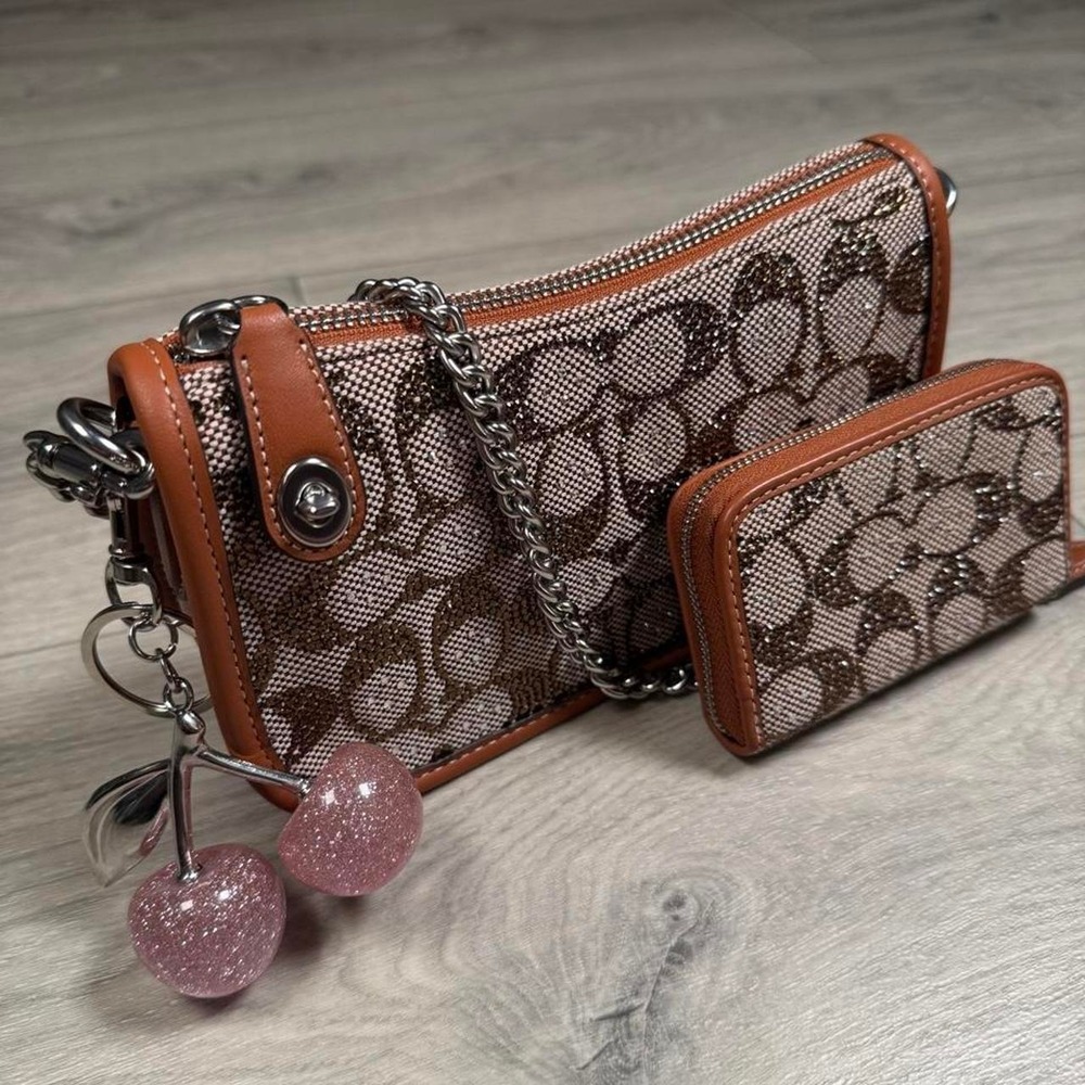 Coach Crystal Signature Jacquard Swinger Bag and Zip Wallet Set Brown Silver